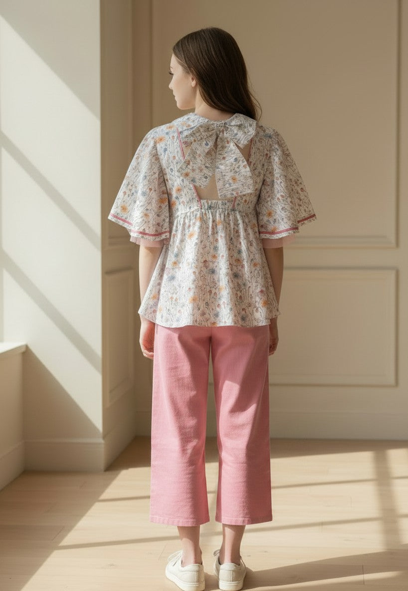 Conjunto blusa flores rosas y pantalon largo grosella "Desierto"