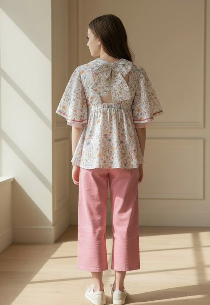 Conjunto blusa flores rosas y pantalon largo grosella "Desierto"