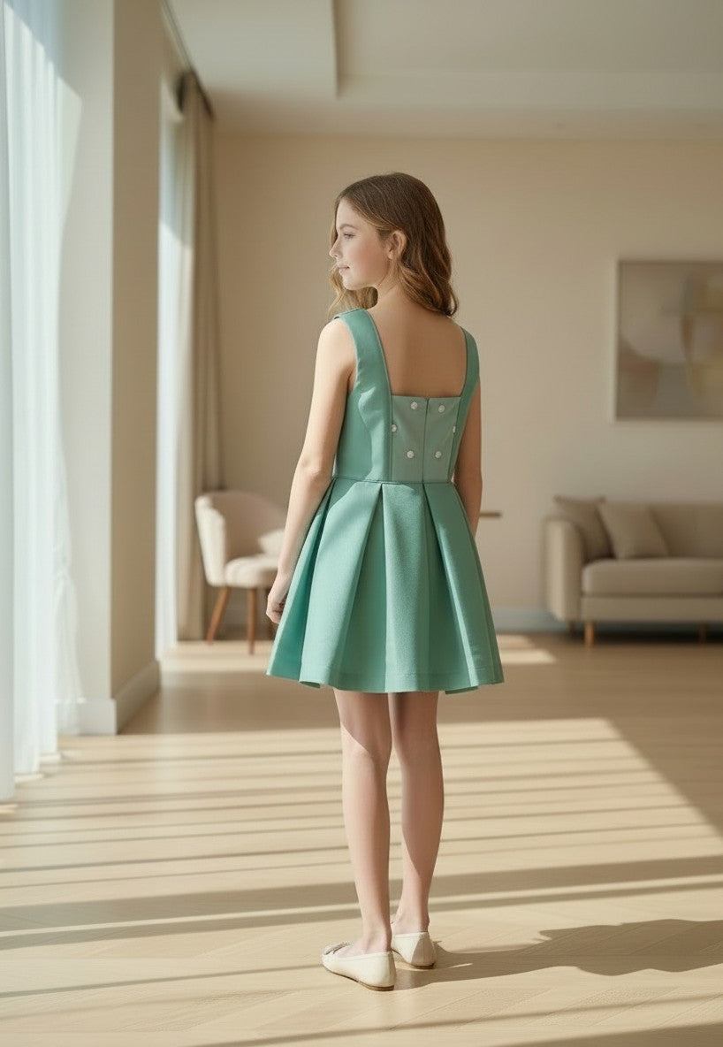 Vestido verde con cuerpo tul bordado
