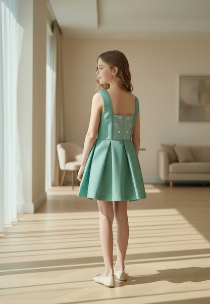 Vestido verde con cuerpo tul bordado