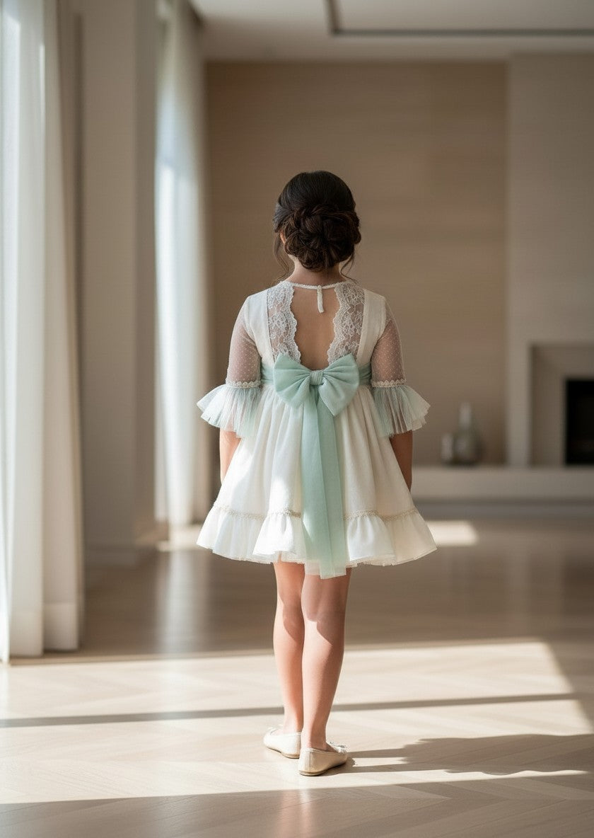 Vestido tul beig y volantes tul verde