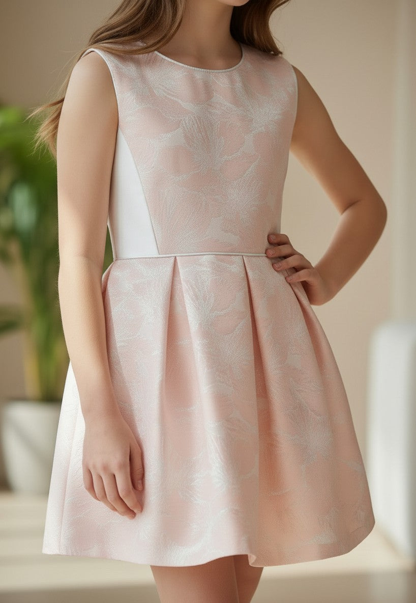 Vestido brocado salmon y mikado blanco roto