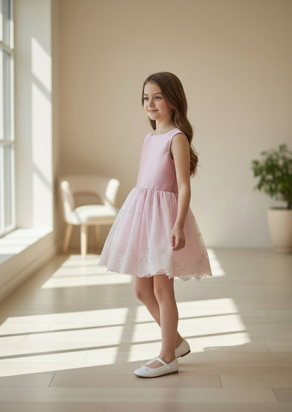 Vestido cuerpo mikado rosa maquillaje sin mangas y falda tul bordado beig