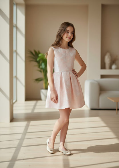 Vestido brocado salmon y mikado blanco roto