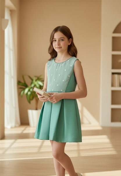 Vestido verde con cuerpo tul bordado