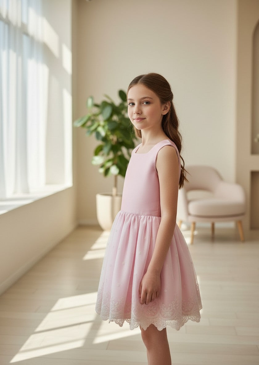 Vestido cuerpo mikado rosa maquillaje sin mangas y falda tul bordado beig
