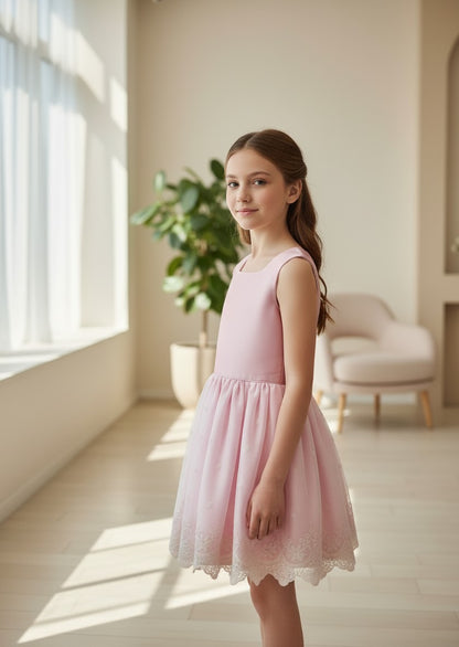 Vestido cuerpo mikado rosa maquillaje sin mangas y falda tul bordado beig