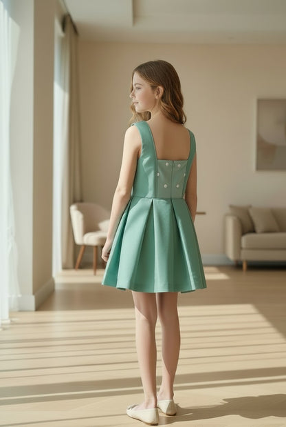 Vestido verde con cuerpo tul bordado