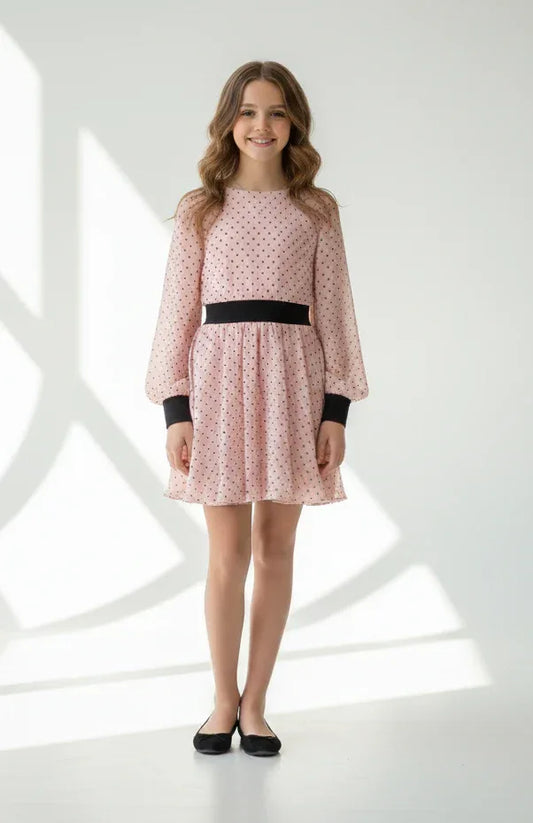 Vestido rosa con topitos negros y terciopelo negro - PARDALETS