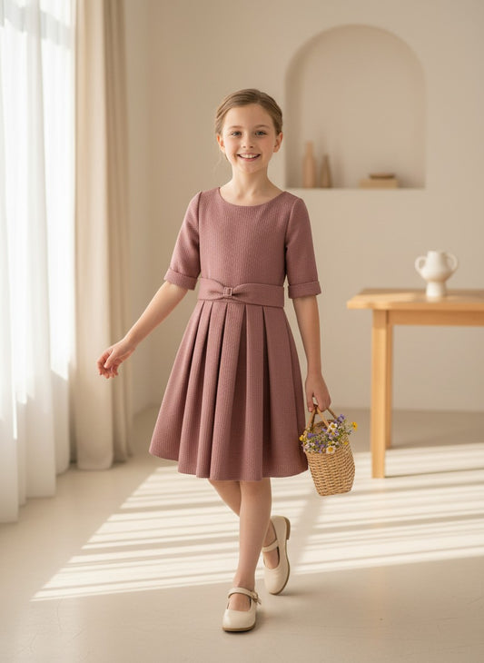 Vestido rosa maquillaje con fajin y broche cristalitos