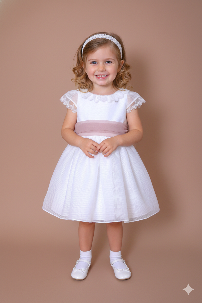Vestido blanco organza rayada m/corta fajin rosa