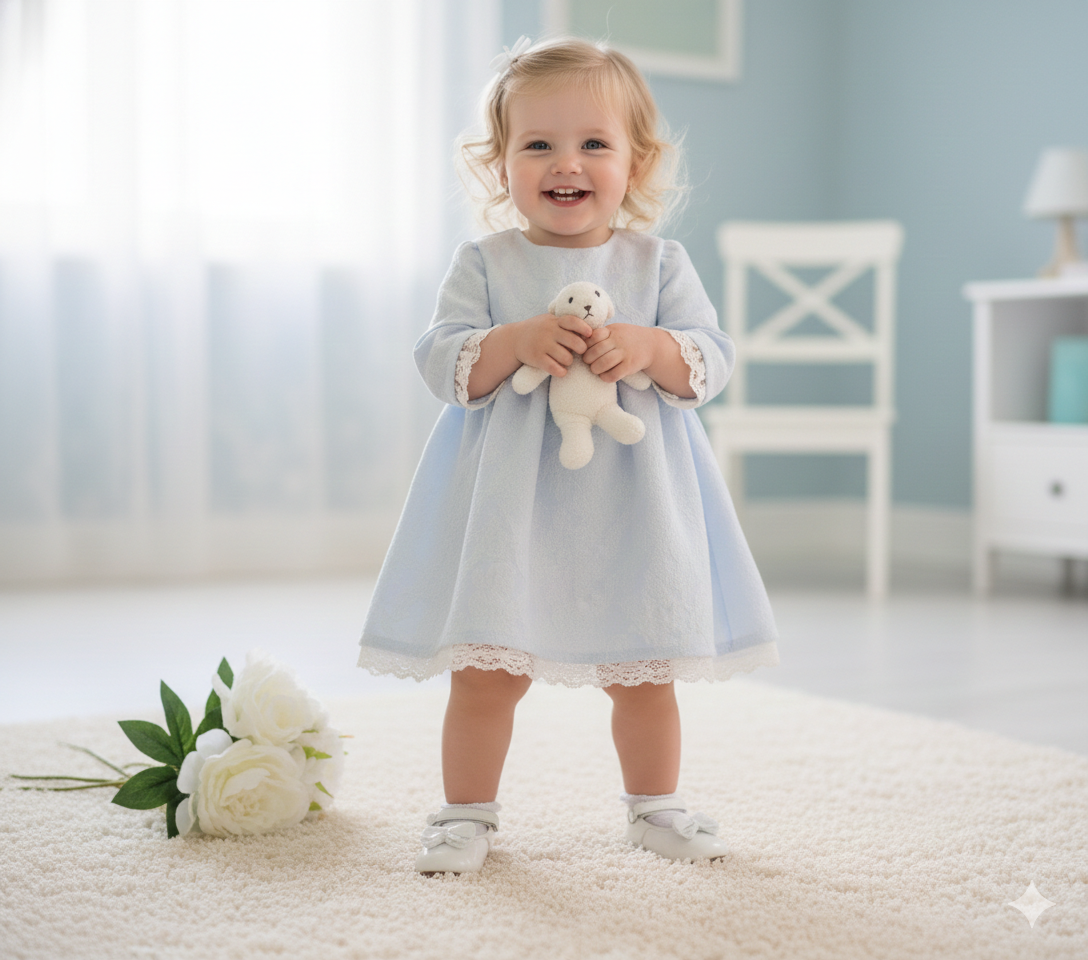 Jesusito brocado azul con puntilla beig clarito