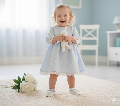 Jesusito brocado azul con puntilla beig clarito