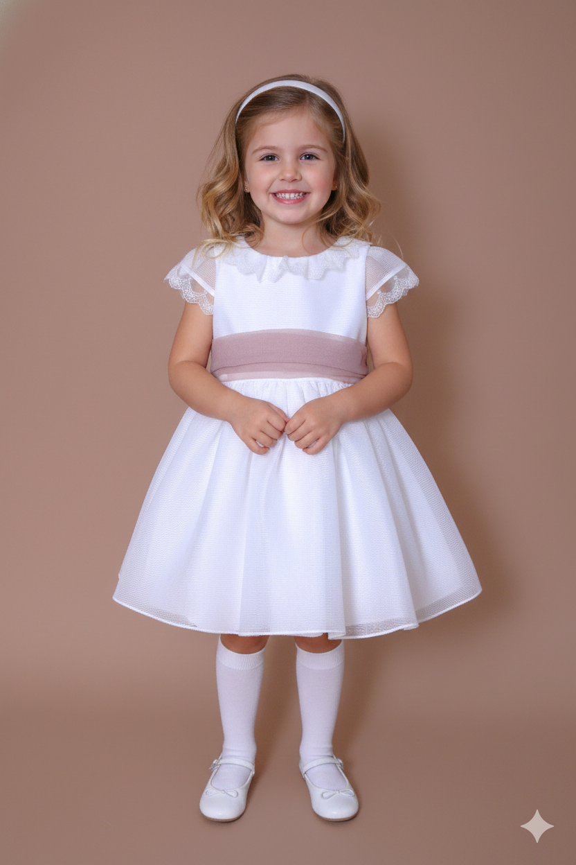 Vestido blanco organza rayada m/corta fajin rosa