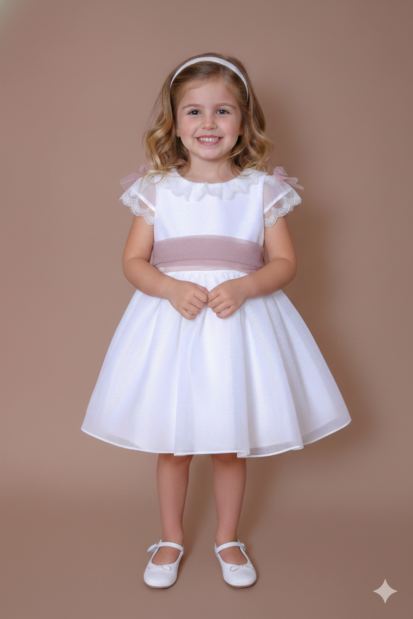 Vestido blanco organza rayada m/corta fajin rosa