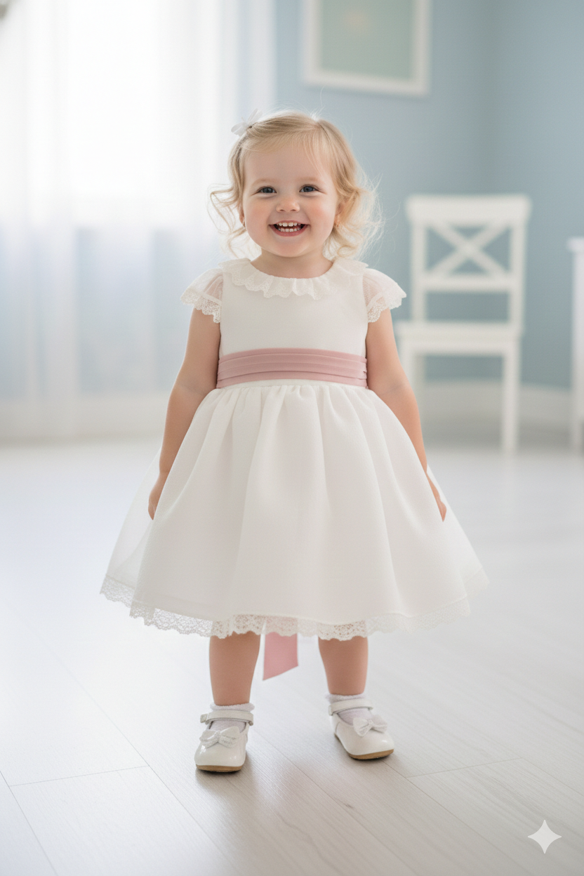 Vestido blanco organza rayada m/corta fajin rosa