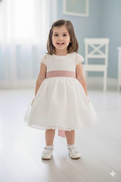 Vestido blanco organza rayada m/corta fajin rosa