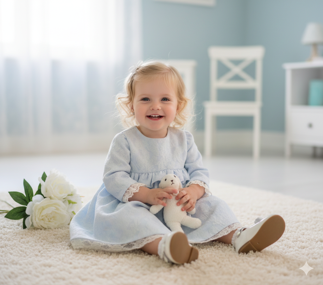 Jesusito brocado azul con puntilla beig clarito