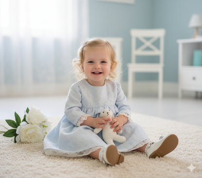 Jesusito brocado azul con puntilla beig clarito