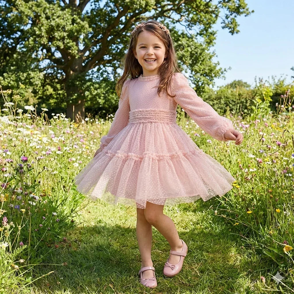 Vestido flocado rosa empolvado - PARDALETS