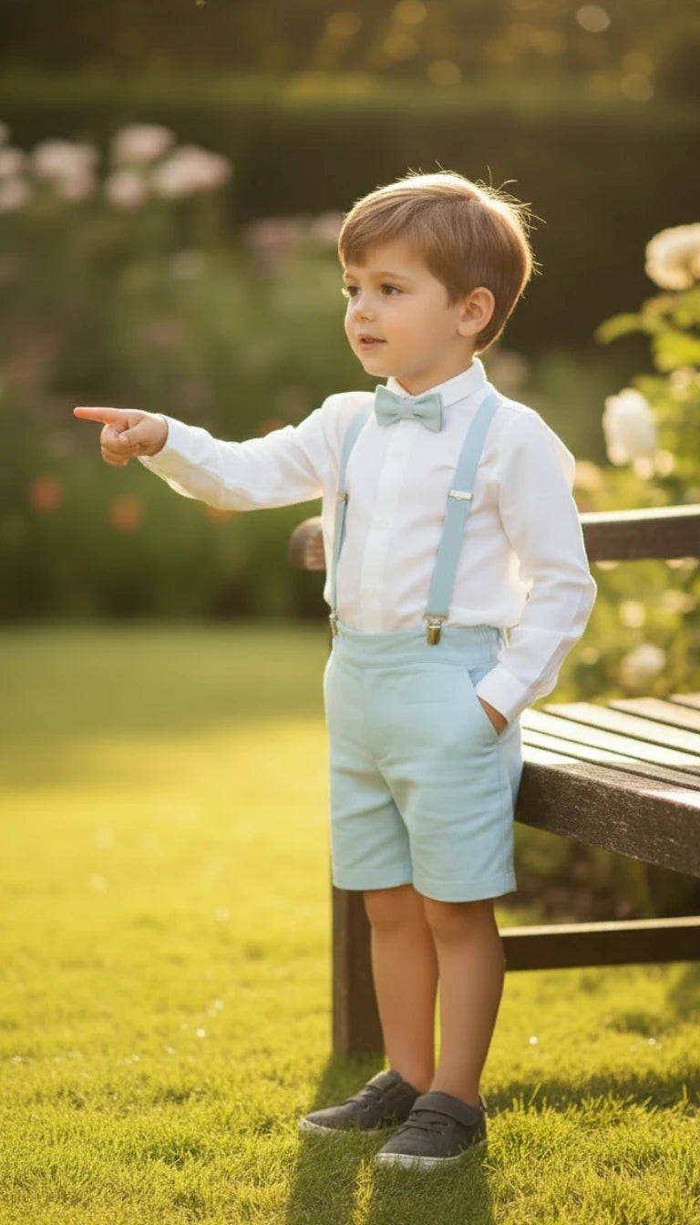 Conjunto camisa lino, short, tirantes y pajarita verde