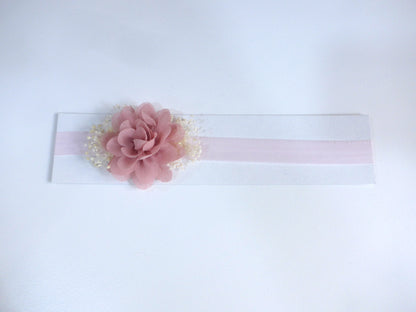 Diadema elastica 1 flor rosa empolvado
