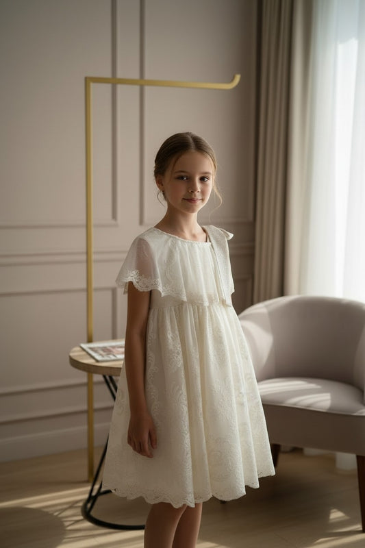 Vestido beig tul bordado hombro al descubierto