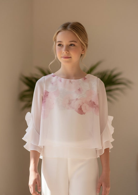 Conjunto blusa manga francesa gasa estampada malva y pantalon blanco