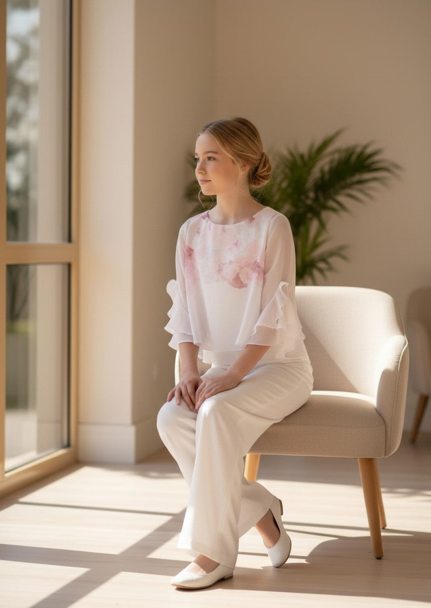 Conjunto blusa manga francesa gasa estampada malva y pantalon blanco
