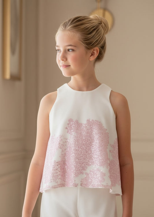 Conjunto blusa bambula estampada malva y pantalon blanco