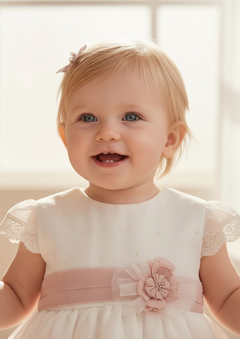 Vestido organza beig bordado manga corta y fajin rosa