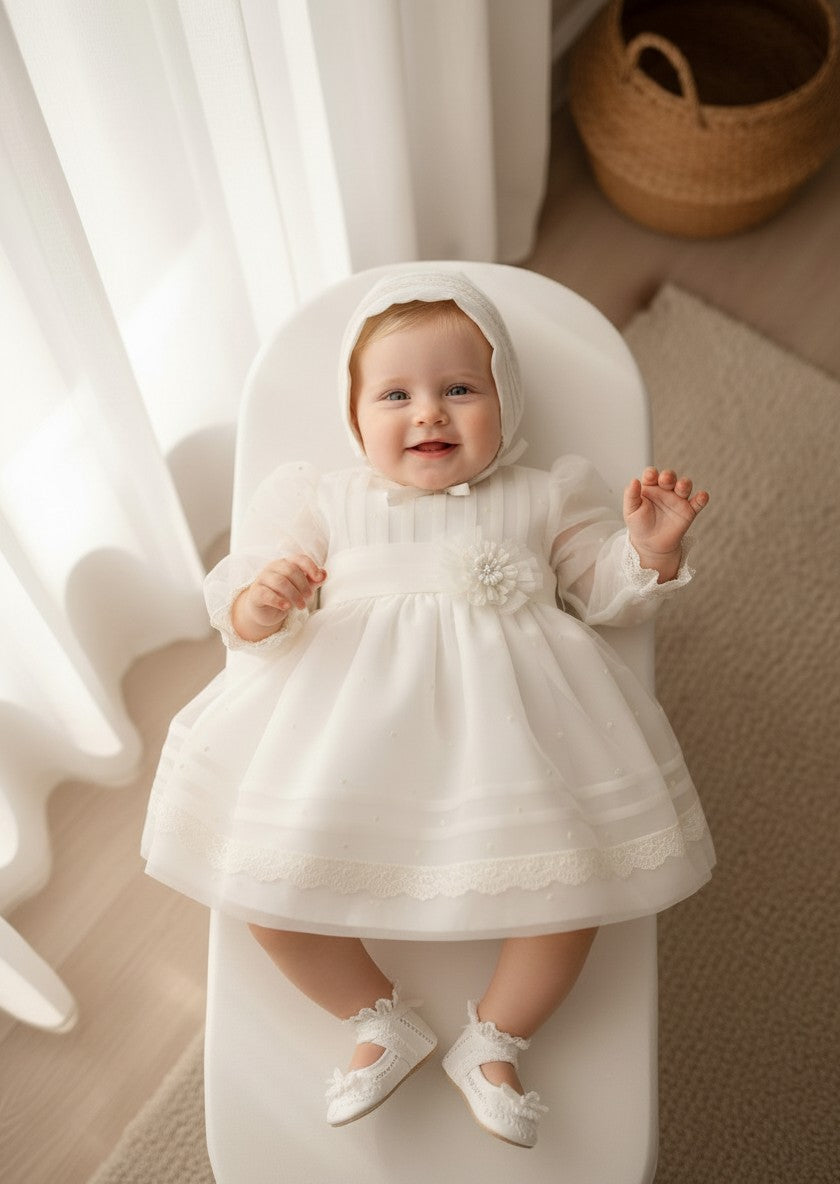 Vestido organza bordada beig y capota