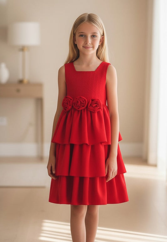 Vestido cuerpo jackard rojo y falda 3 volantes con lazada