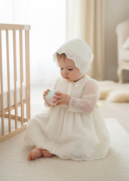 Vestido tul bordado beig con capota y braguita