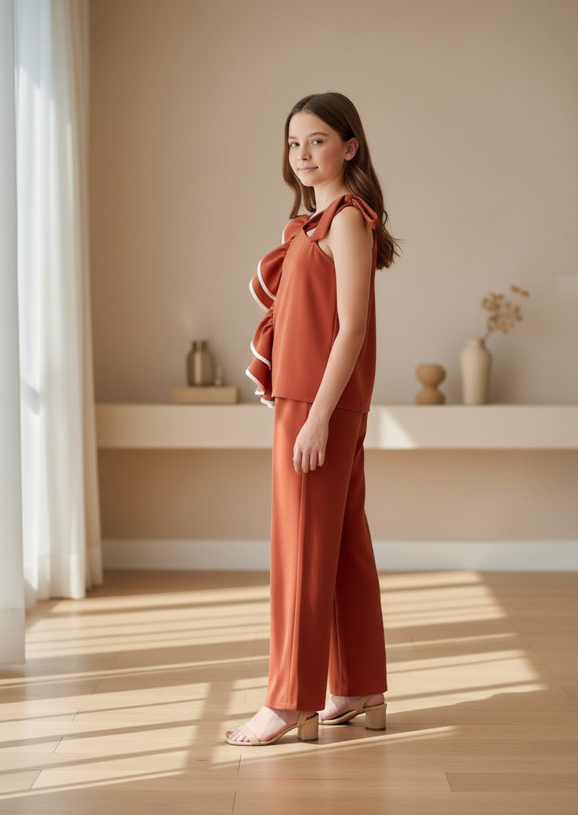 Conjunto top asimétrico teja con volante y pantalón