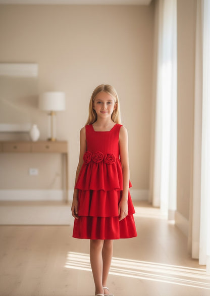 Vestido cuerpo jackard rojo y falda 3 volantes con lazada