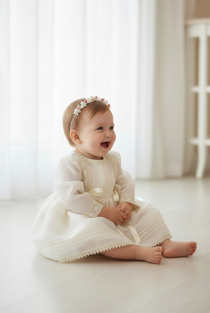 Vestido beig manga larga con pasacintas y capota