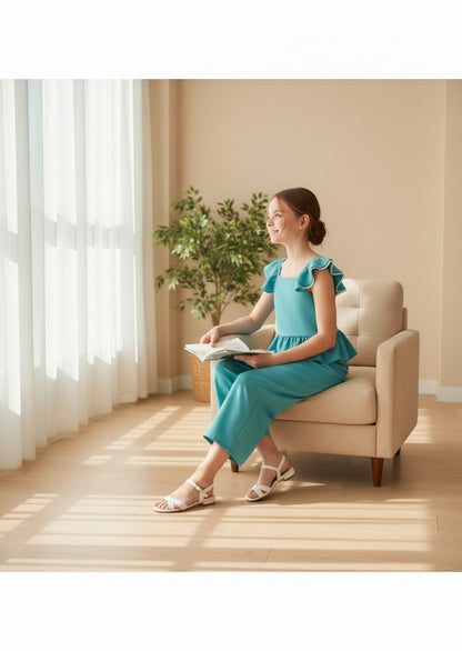 Mono verde esmeralda con volante en la cintura y lazo en la espalda