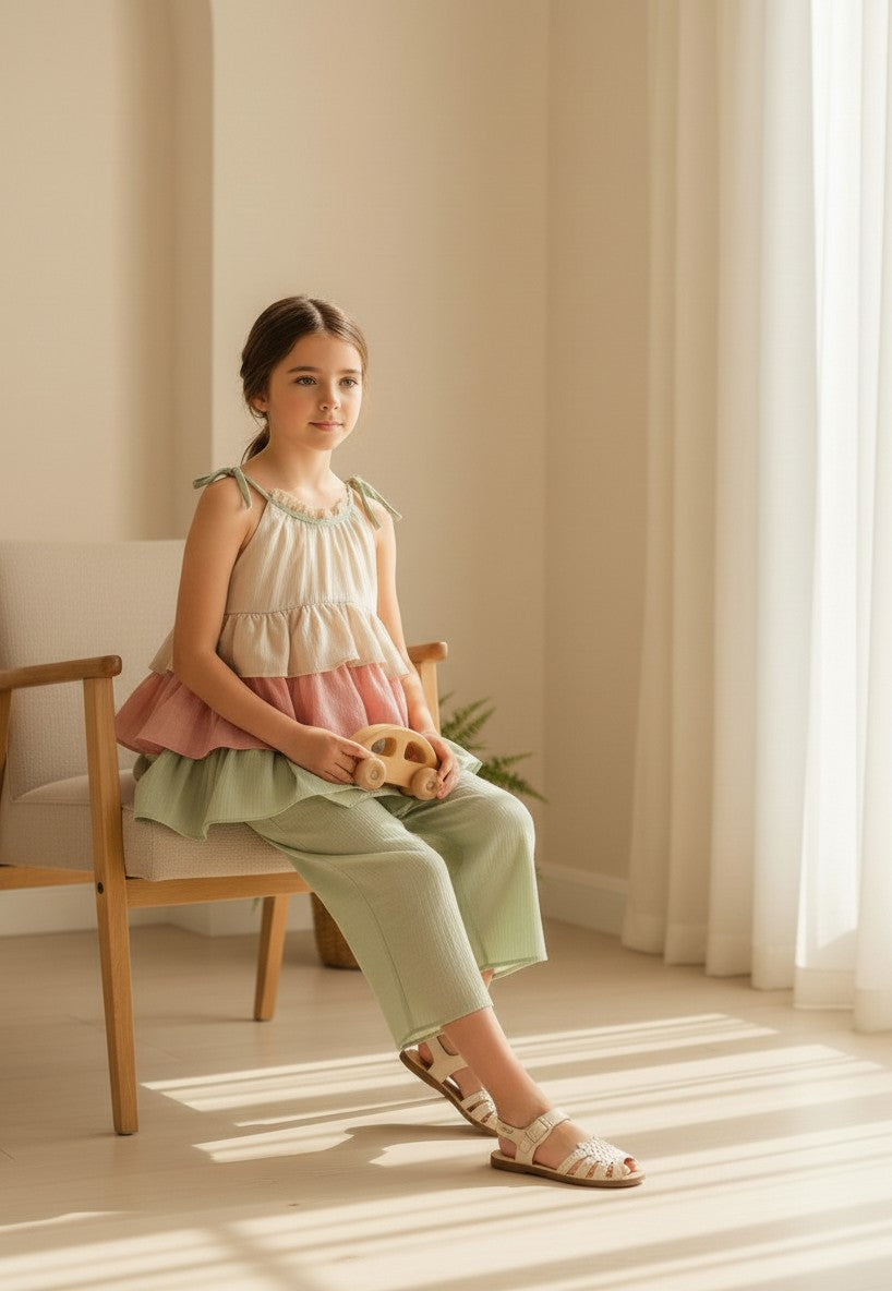 Conjunto blusa volantes y pantalon verde "Wabi-Sabi"