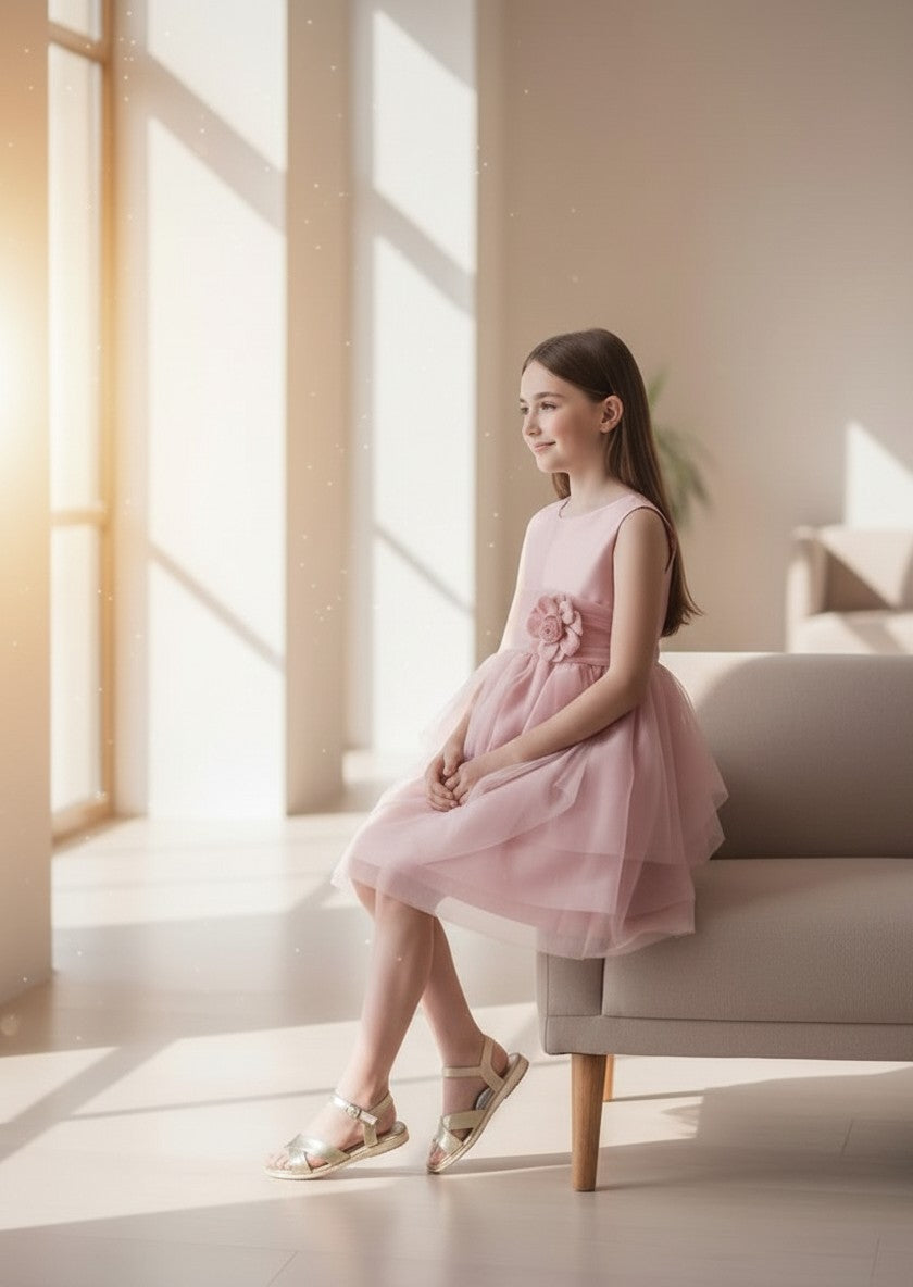 Vestido mikado rosa empolvado con tul y lazada