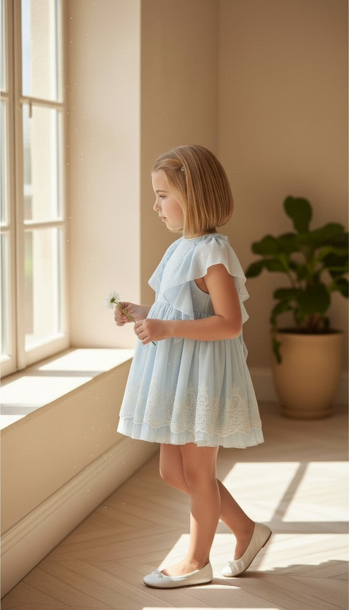 Vestido gasa bordada celeste con volantes
