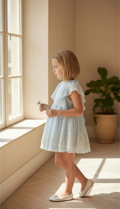 Vestido gasa bordada celeste con volantes