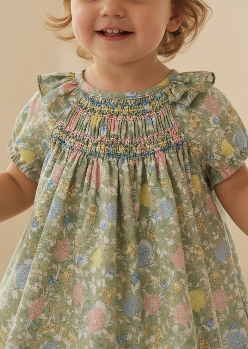 Vestido con braguita flores verdes y rosas "Wabi-Sabi"