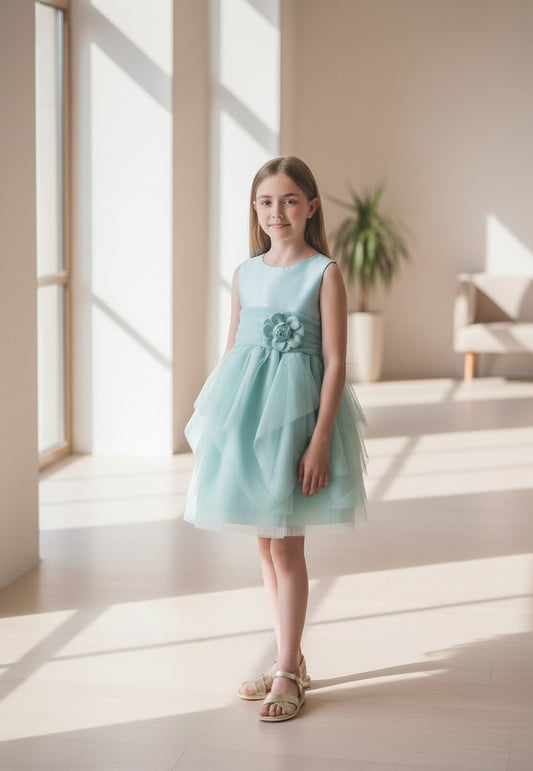 Vestido mikado verde agua con tul y lazada