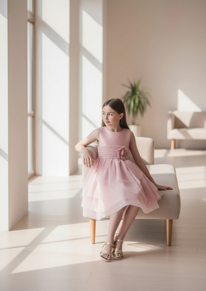 Vestido mikado rosa empolvado con tul y lazada