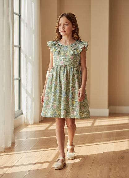 Vestido flores verdes y rosas con lazo rosa "Wabi-Sabi"