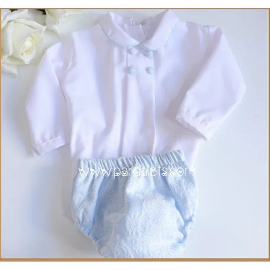 Conjunto camisa blanca 4 botones y culote brocado azul - PARDALETS