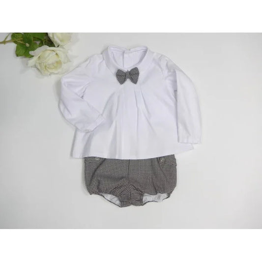 Conjunto camisa blanca y bombacho marrón cuadros "Patti" - PARDALETS