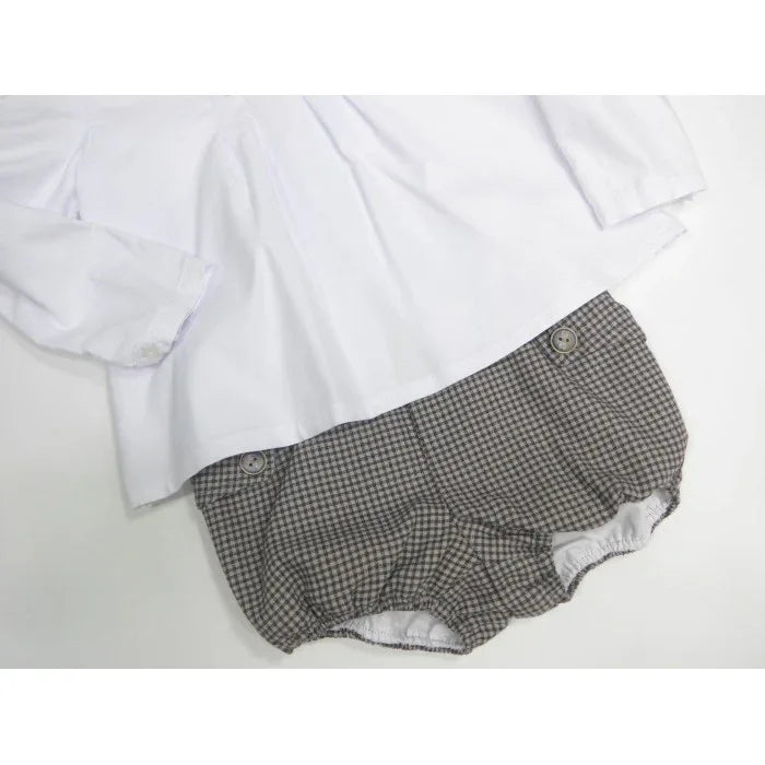 Conjunto camisa blanca y bombacho marrón cuadros "Patti" - PARDALETS