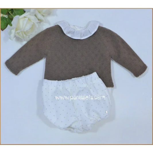 Conjunto camisa, bombacho blanco topito y jersey marron "Fantasia" - PARDALETS